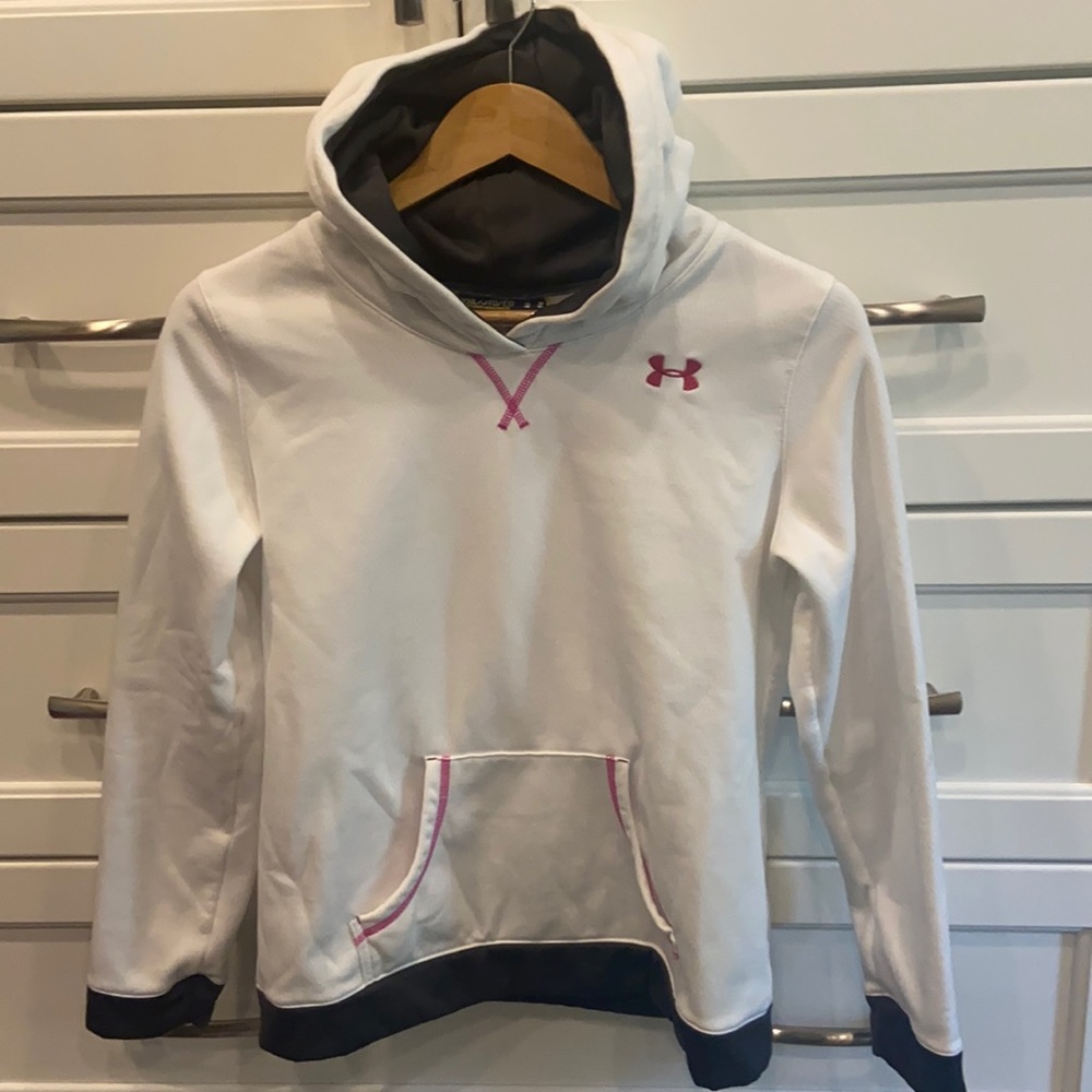 NWOT Girls under Armour performance fleece hoodie. White with gray hem & cuffs